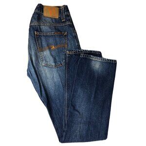 Nudie Jeans Average Joe Mens 31x34 Blue Denim Jeans Button Fly Straight Leg